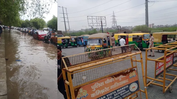 दिल्ली सीमा में गाजीपुर में हुए जलभराव के कारण NH9 पर लगा भीषण जाम।