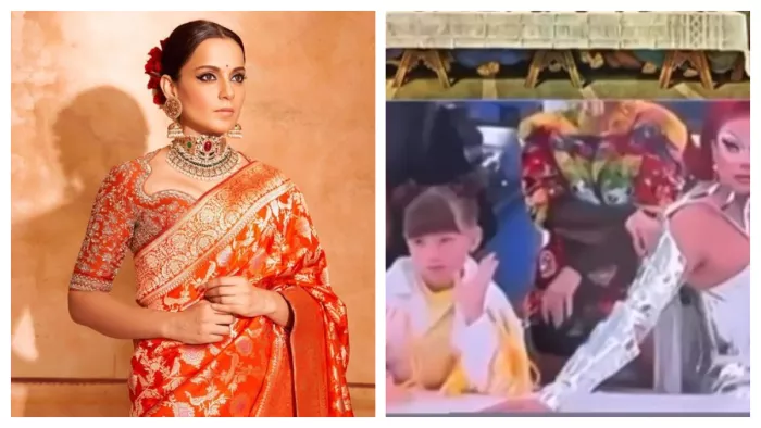 कंगना रनौत (बाएं) और पेरिस ओलंपिक की ओपनिंग सेरेमनी की फोटो (दाएं)