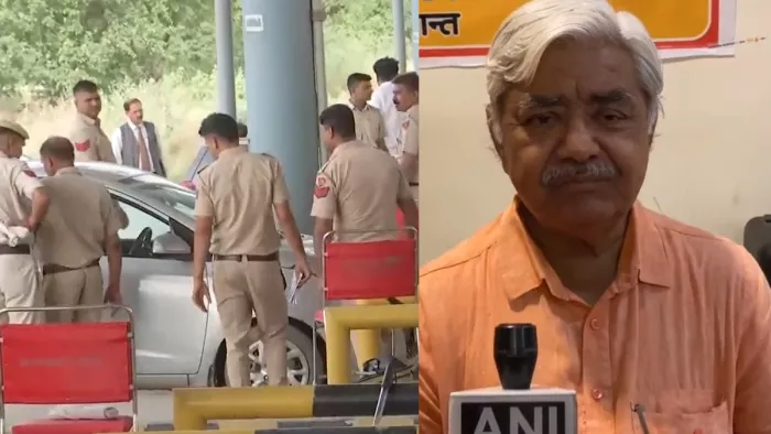 गुरुग्राम सोहना-नूंह टोल प्लाजा पर तैनात पुलिसकर्मी, विहिप के अध्यक्ष आलोक कुमार।