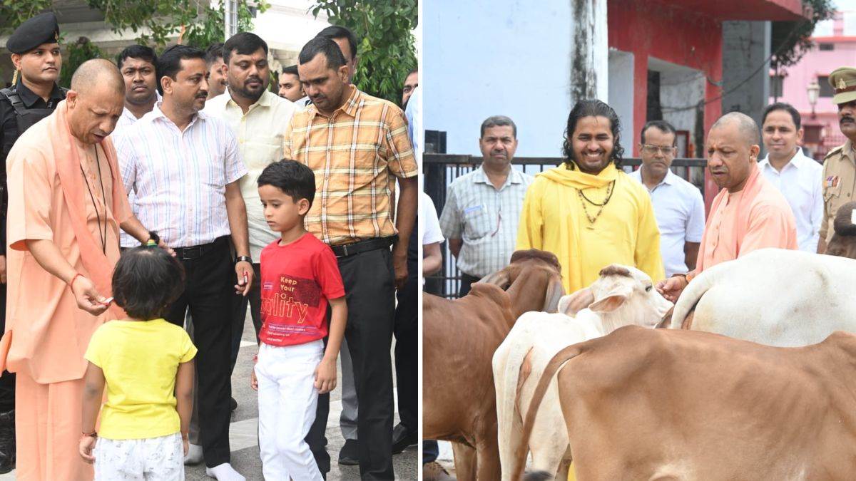 cm yogi adityanath serves cows at gorakhnath temple showers love on children