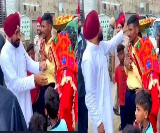 बठिंडा में रविवार को नवविवाहित जोड़ को आशीर्वाद और शगुन देते हुए सीएम चरणजीत सिंह चन्नी। वीडियो ग्रैब