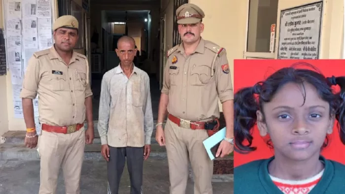 बुलंदशहर पुलिस की हिरासत में बेटी का हत्यारोपित, इंसेट में किशोरी सोनी का फाइल फोटो