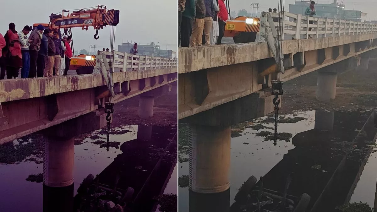 पुल की रेलिंग तोड़कर हिंडन नदी में गिरा मिट्टी लदा ट्रक, दो लोगों की मौत...चालक को झपकी आने से हुआ हादसा