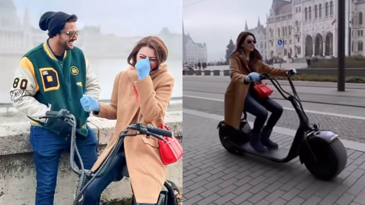 hansika motwani celebrating honeymoon in europe with sohail was seen driving an e scooter on the streets of budapest