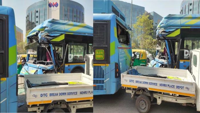 Delhi News: नौरोजी नगर में दो DTC बसों की टक्कर में एक यात्री घायल। फोटो-जागरण।