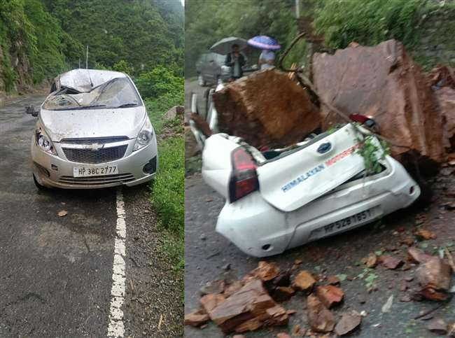 नूरपूर से चंबा जा रही कार पर लाहड़ू में मलबा गिर गया व शिमला में चट्टानों के नीचे दबी कार।