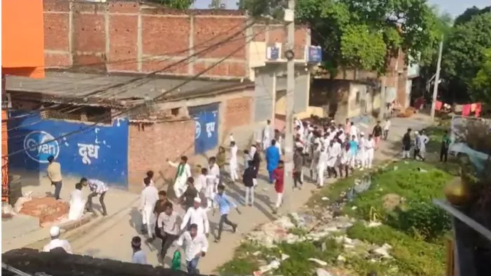 जुलूस में शामिल कुछ युवक घर पर पथराव करते हुए। सोर्स- वायरल वीडियो