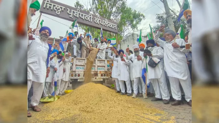 डीसी कार्यालय के समक्ष बासमती को बिखेर कर प्रदर्शन करके किसान