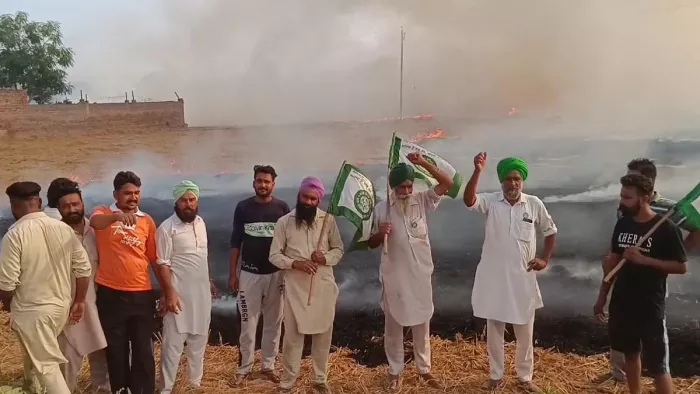 पराली को आग लगाकर राज्य सरकार के खिलाफ नारेबाजी करते भाकियू (एकता सिद्धूपुर) से जुड़े किसान