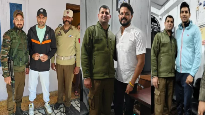 माता वैष्णो देवी के दर्शन करने पहुंचे क्रिकेटर हरभजन सिंह, श्रीसंत व राहुल शर्मा।