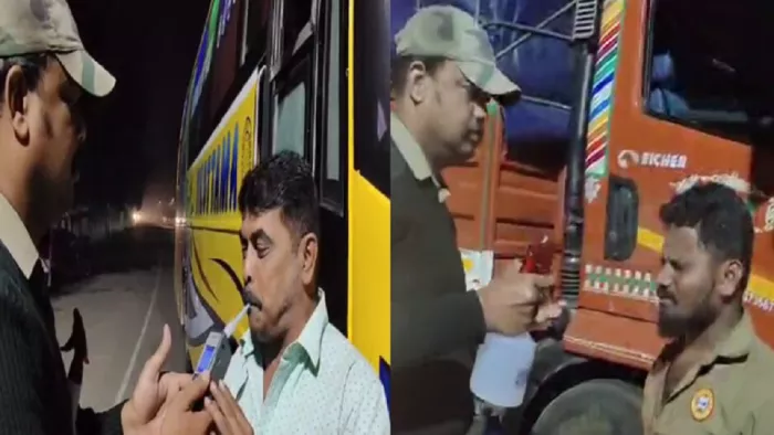 आधी रात में ट्रक-बस ड्राइवरों के चेहरे पर पानी का छिड़काव कर रही पुलिस।