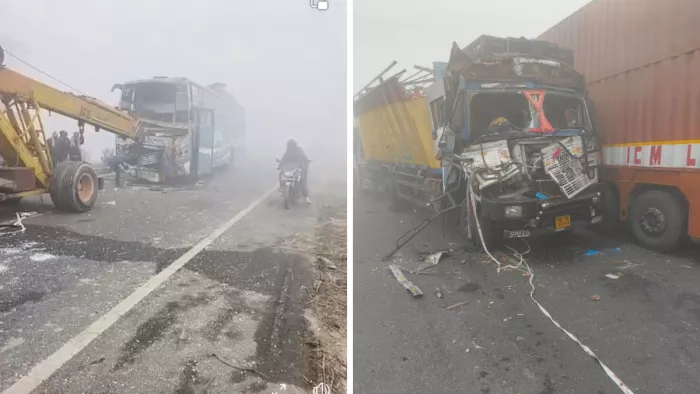 आपस में टकराई दस गाड़ियां, आधा दर्जन लोग घायल। फोटो- जागरण
