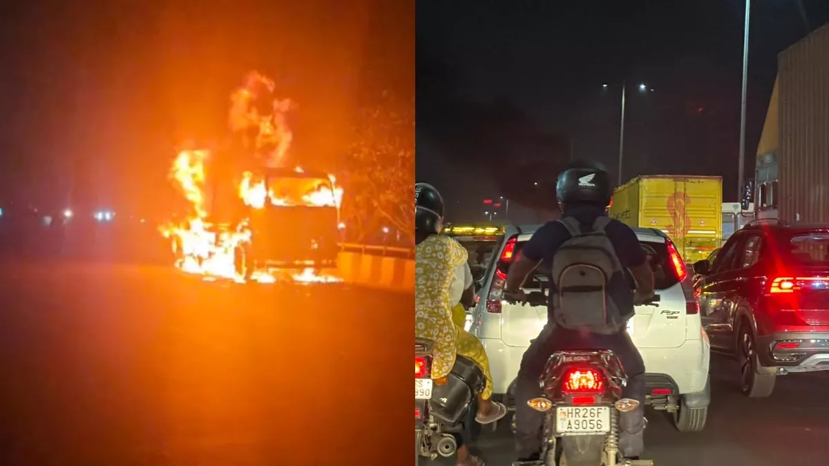 दिल्ली गुरुग्राम एक्सप्रेस-वे पर चलती रोड स्वीपिंग मशीन में लगी आग, सात-आठ किमी तक लगा लंबा जाम
