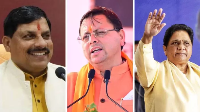 मोहन यादव, पुष्कर सिंह धामी और मायावती। - फाइल फोटो
