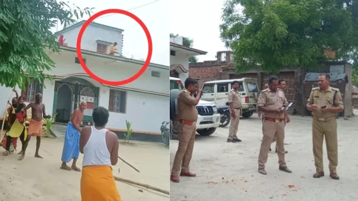 बाएं से मारपीट करते लोग व छत पर असलहे में गोली भरता युवकl जांच करती पुलिस। जागरण