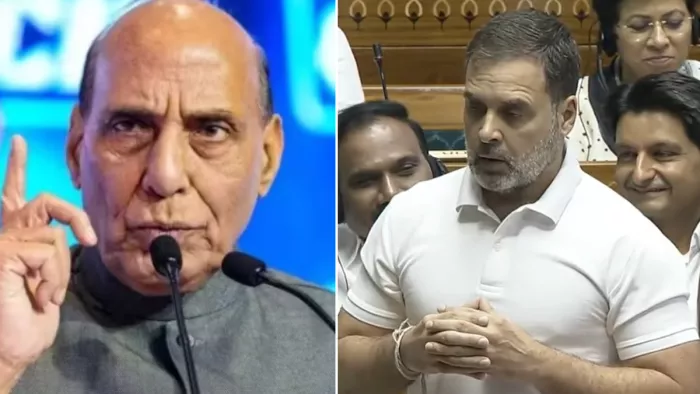 रक्षा मंत्री राजनाथ सिंह और विपक्ष के नेता राहुल गांधी।