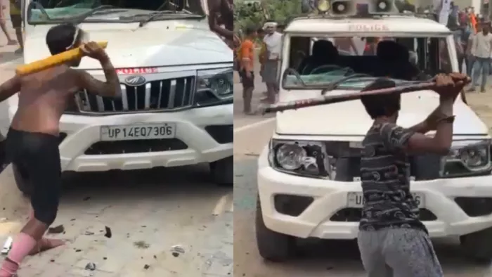 गाजियाबाद में पुलिस की गाड़ी पर फूटा कांवड़ियों का गुस्सा।