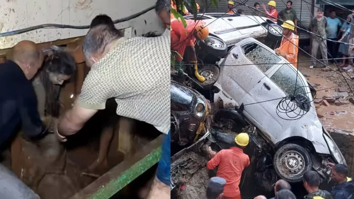 मंडी में मलबे में दबी महिला को निकालते लोग व वाहनों को काटकर रेस्क्यू चलाते कर्मी।