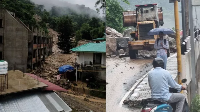 मंडी में आई बाढ़ व पत्थरों को हटाती मशीनरी।