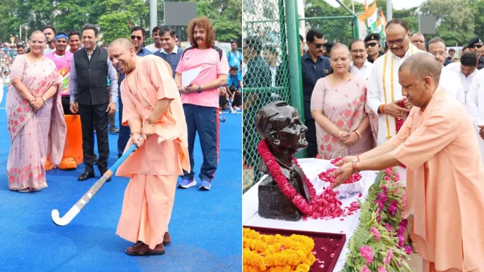 मुख्यमंत्री योगी आदित्यनाथ ने हॉकी पर हाथ आजमाने के साथ हॉकी के जादूगर मेजर ध्यान चंद को किया नमन