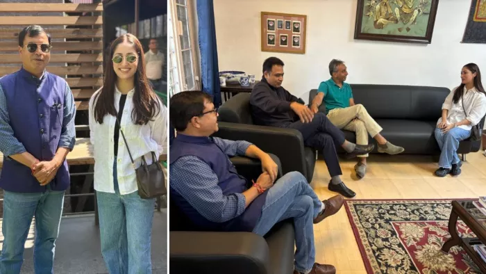 कसौली पहुंची अभिनेत्री यामी गौतम व उनके पति फिल्म निर्देशक आदित्य धर सनावर स्कूल में चर्चा करते हुए।