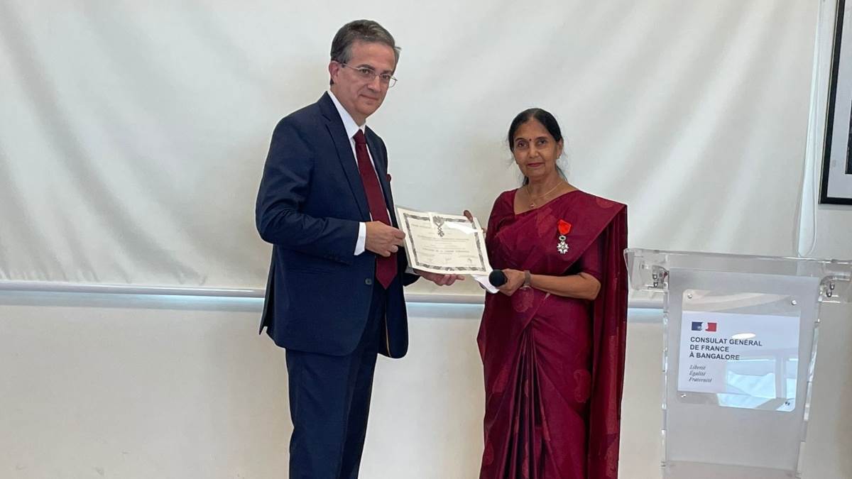 isro scientist lalitambika received frances highest civilian award awarded by french ambassador thierry matthau