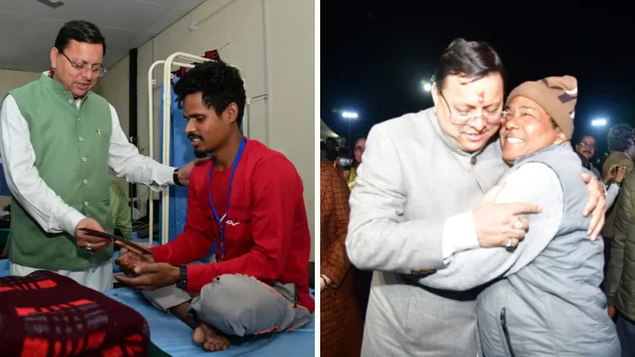 सीएम धामी ने ने सुरंग में फंसे प्रत्येक श्रमिकों को एक लाख की प्रोत्साहन राशि का चेक भेंट किया।साभार- सूवि