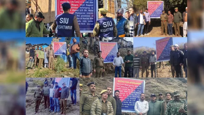 फरार आतंकियों की संपत्ति को जब्त करने की कार्रवाई करती पुलिस l सौ.: पुलिस