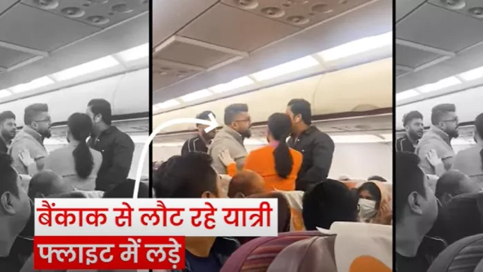 वायरल वीडियो में फ्लाइट में हाथापाई करते यात्री।