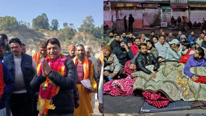 हिरासत में लिए गए लोगों की रिहाई की मांग को लेकर धरना देते लोग, बीजेपी विधायक बलदेव राज शर्मा।