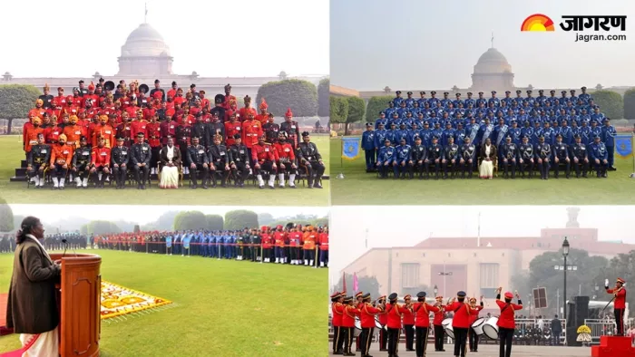 त्रि-सेवा बैंड टुकड़ियों के साथ राष्ट्रपति द्रौपदी मुर्मु ने की मुलाकात (फोटो-ANI)
