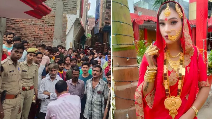 घटना के बाद इलाके में लगी भीड़ और किन्नर मुस्कान की फाइल फोटो।
