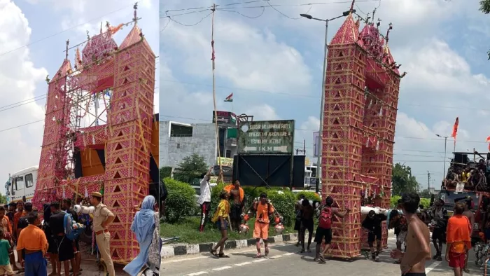 Kanwar Yatra: 35 फीट ऊंची कांवड़ टकराने से पहले।
