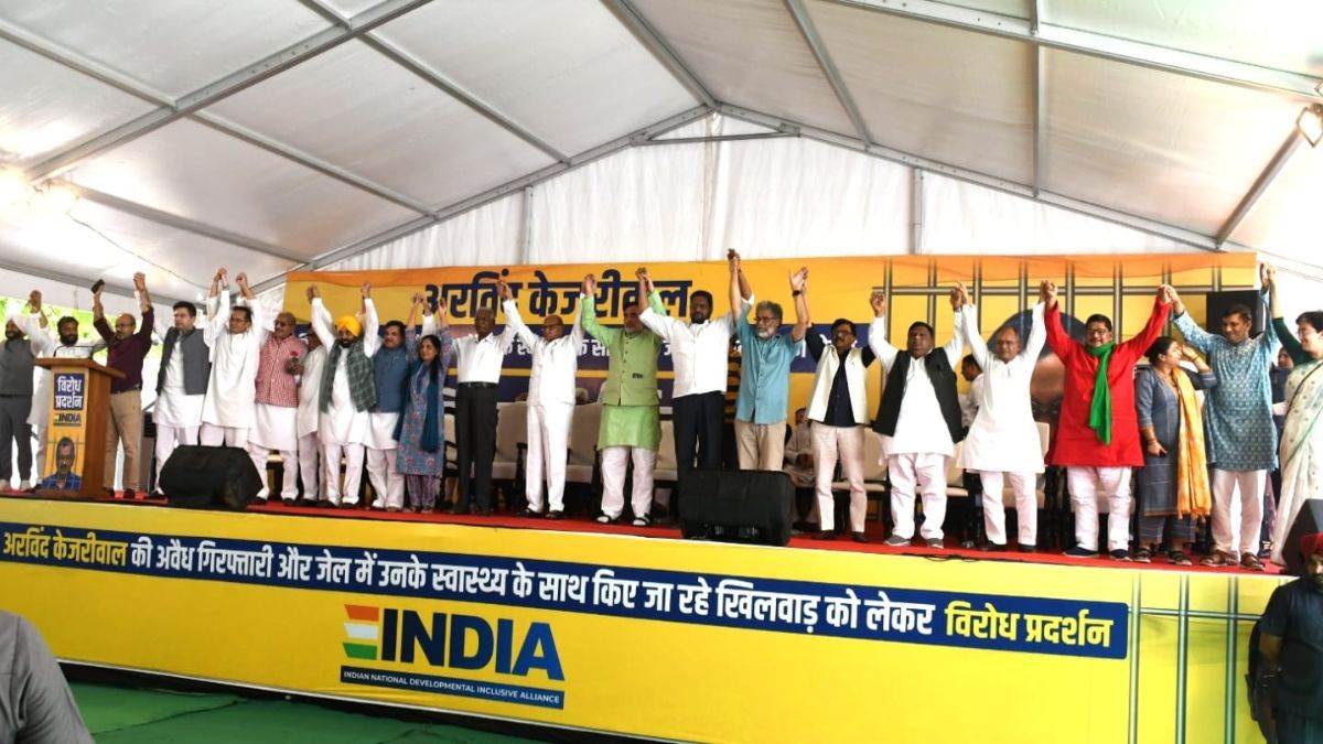 ncr india bloc joins aap protest at jantar mantar regarding delhi cm health