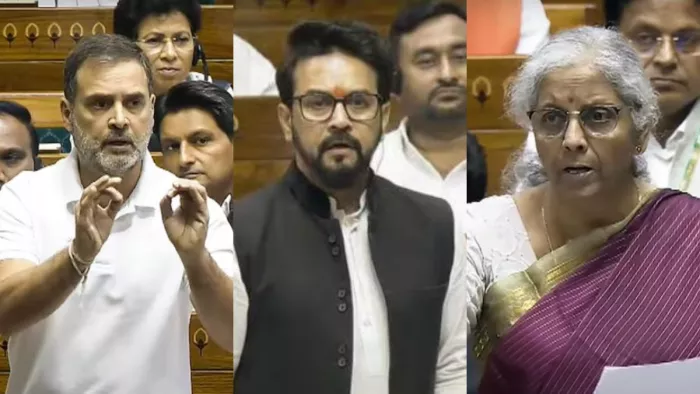 राहुल गांधी , अनुराग ठाकुर और वित्तमंत्री निर्मला सीतारमन (दायें से बाएं)