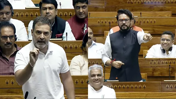 लोकसभा में बोलते हुए राहुल गांधी और अनुराग ठाकुर। फोटोः एएनआई।