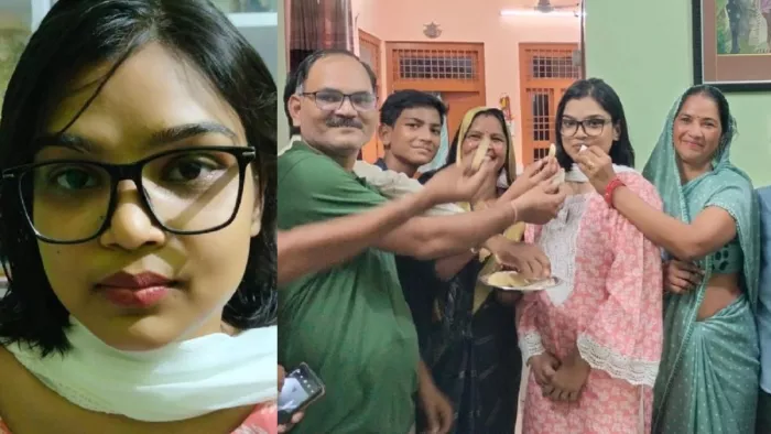 सहावर गेट स्थित रश्मि के आवास पर उन्हें मिठाई खिलाते और खुशी मनाते स्वजन- जागरण