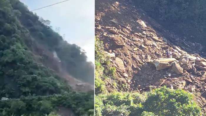 मंडी के खोती नाला में मनाली हाईवे पर दरका पहाड़। जागरण