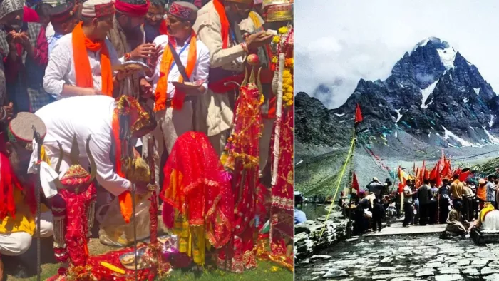 मणिमहेश न पहुंच पाने के कारण चंबा चौगान में छड़ी पूजन करते श्रद्धालु व मणिमहेश कैलाश का फाइल फोटो।