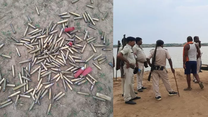 घटनास्थल पर बिखरे खोखे और जांच करती पुलिस। जागरण