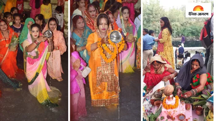 बिजली के झालरों से जगमग घाट की परछाई नहर में प्रतिबिंबित होने पर घाट पर चार चांद लग गए।