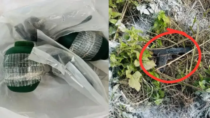तरनतारन में मुठभेड़ के दौरान बरामद हैंड ग्रेनेड और पिस्तौल।