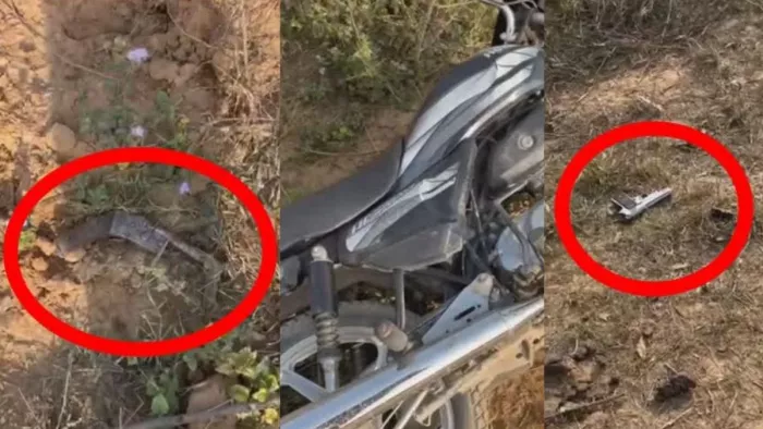 पुलिस मुठभेड़ के दौरान गिरी आरोपितों की बाइक और जमीन पर पड़े आरोपितों से बरामद असलहा।