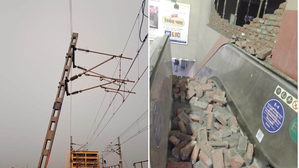 ncr due to the storm pillar of high tension line near raja nahar singh metro station bent metro service disrupted in faridabad