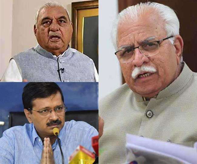 पूर्व सीएम भूपेंद्र सिंह हुड्डा, दिल्ली सीएम अरविंद केजरीवाल और हरियाणा सीएम मनोहरलाल की फाइल फोटो।