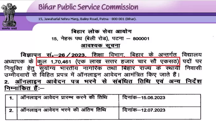 BPSC Teacher Recruitment 2023: बिहार 1.7 लाख शिक्षक भर्ती अधिसूचना आधिकारिक वेबसाइट, bpsc.bih.nic.in पर जारी की गई।