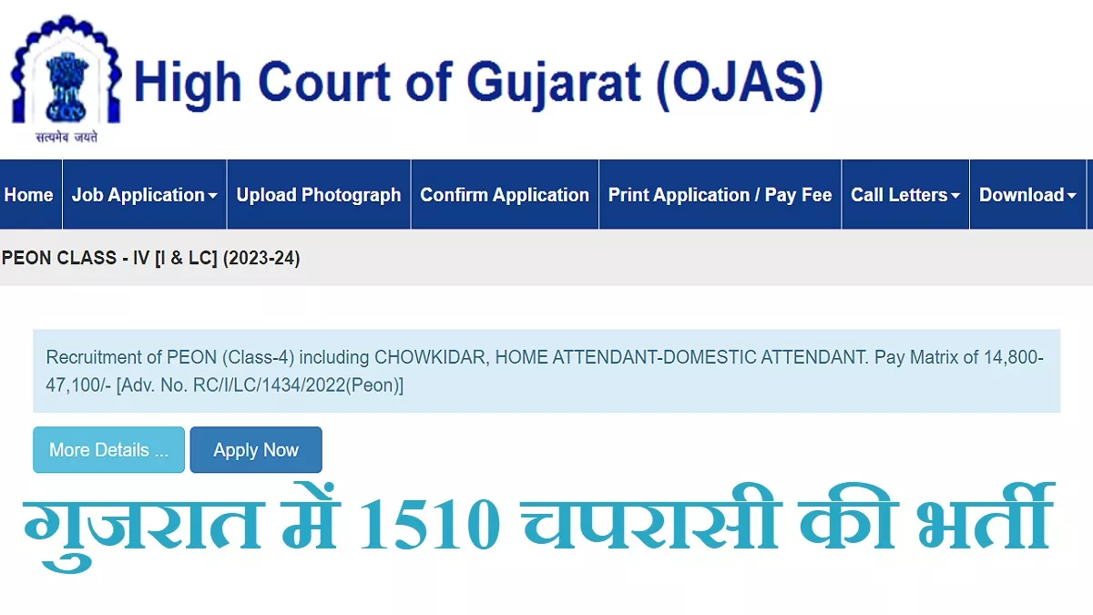 Gujarat Peon Recruitment 2023: गुजरात उच्च न्यायालय में 1510 चपरासी पदों की भर्ती के लिए आवेदन कल तक