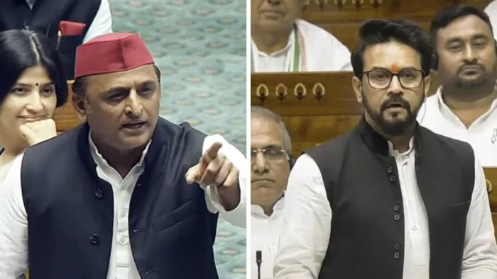 सपा सांसद अखिलेश यादव, भाजपा सांसद अनुराग ठाकुर।