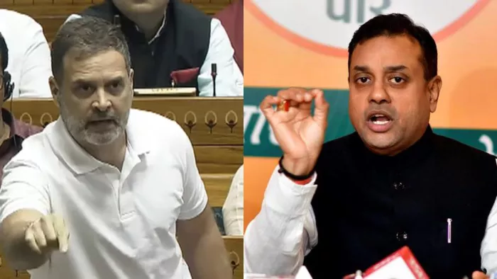 विपक्ष के नेता राहुल गांधी (बांए) और भाजपा नेता संबित पात्रा (दाएं)। फाइल फोटो