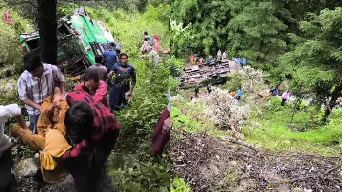 हिमाचल के मंडी में दर्दनाक हादसा, सवारियों से भरी बस खाई में गिरी। फोटो जागऱण